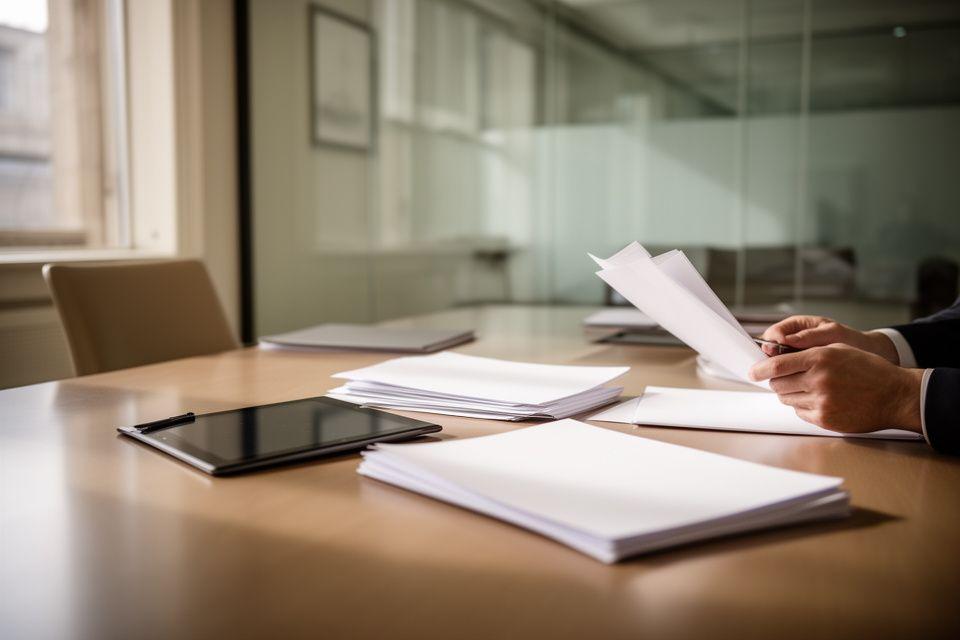 Contract specialists reviewing papers in a Westminster office with natural light and a polished meeting table