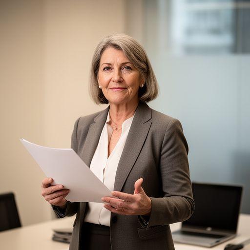 Maya Fitzwilliam, lead contract solicitor, standing in a modern London meeting room with notes and a laptop
