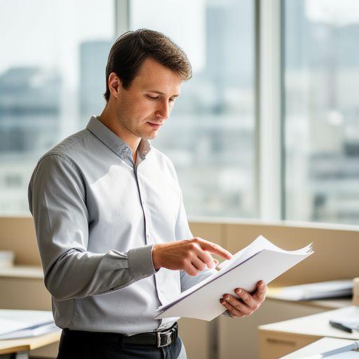 Oliver Ashdown, commercial drafting specialist, reviewing contract clauses beside a glass wall in a London office